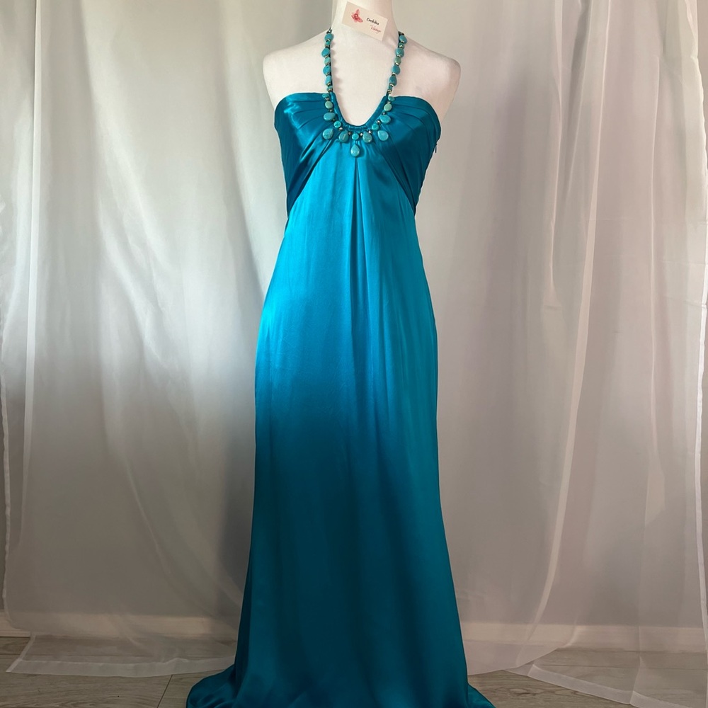 Laundry By Shelli Segal Strapless Blue and Turquoise Halter Neck Gown